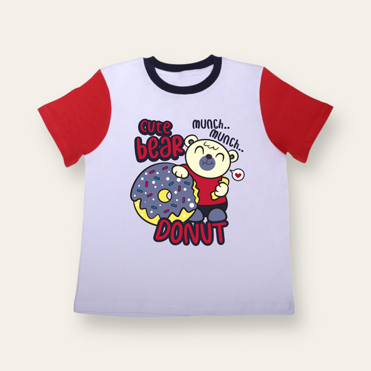 Unisex White & Red Bear Donut T Shirt for Kids