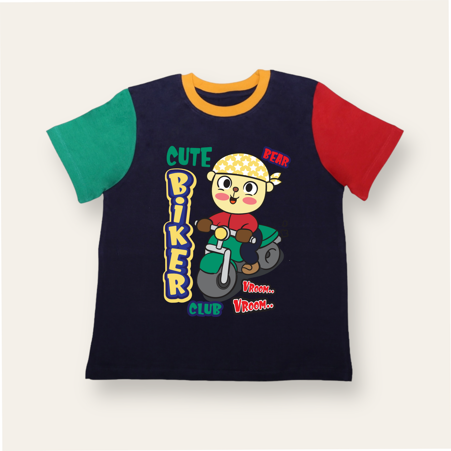 Unisex Blue, Red & Green Bear Biker T Shirt for Kids