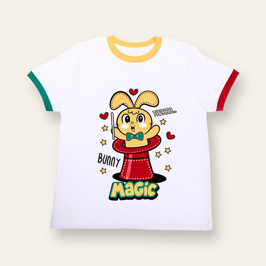 Unisex White with Colorful Ribs Bunny T Shirt for Kids