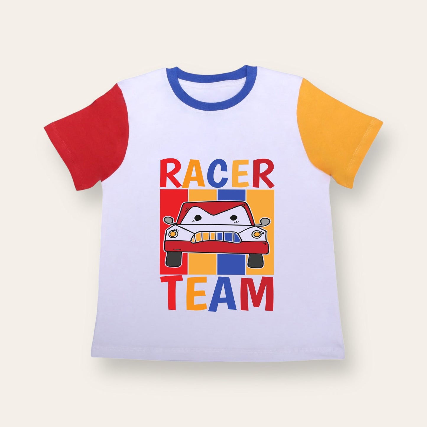 Unisex Red/Yellow Sleeves Car Racer T Shirt for Kids