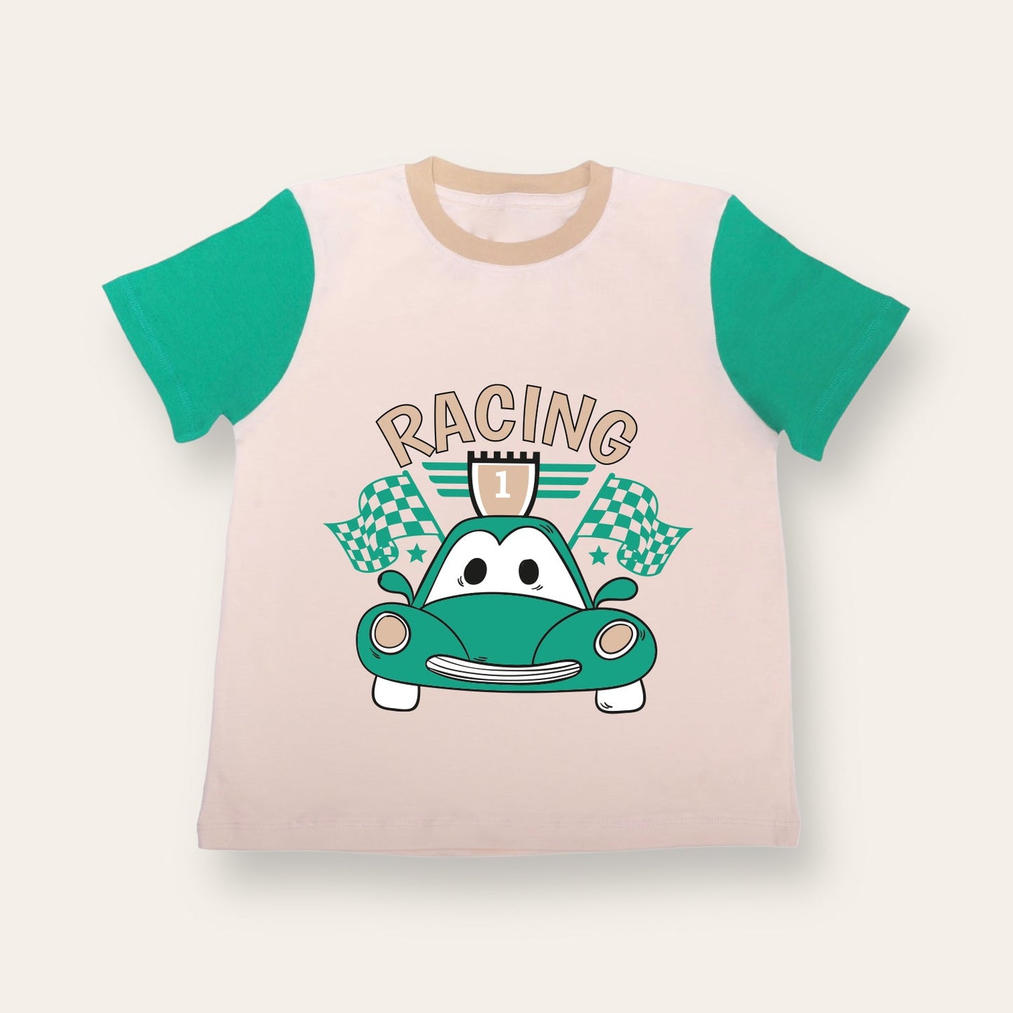 Unisex Cream & Green Racing T Shirt for Kids