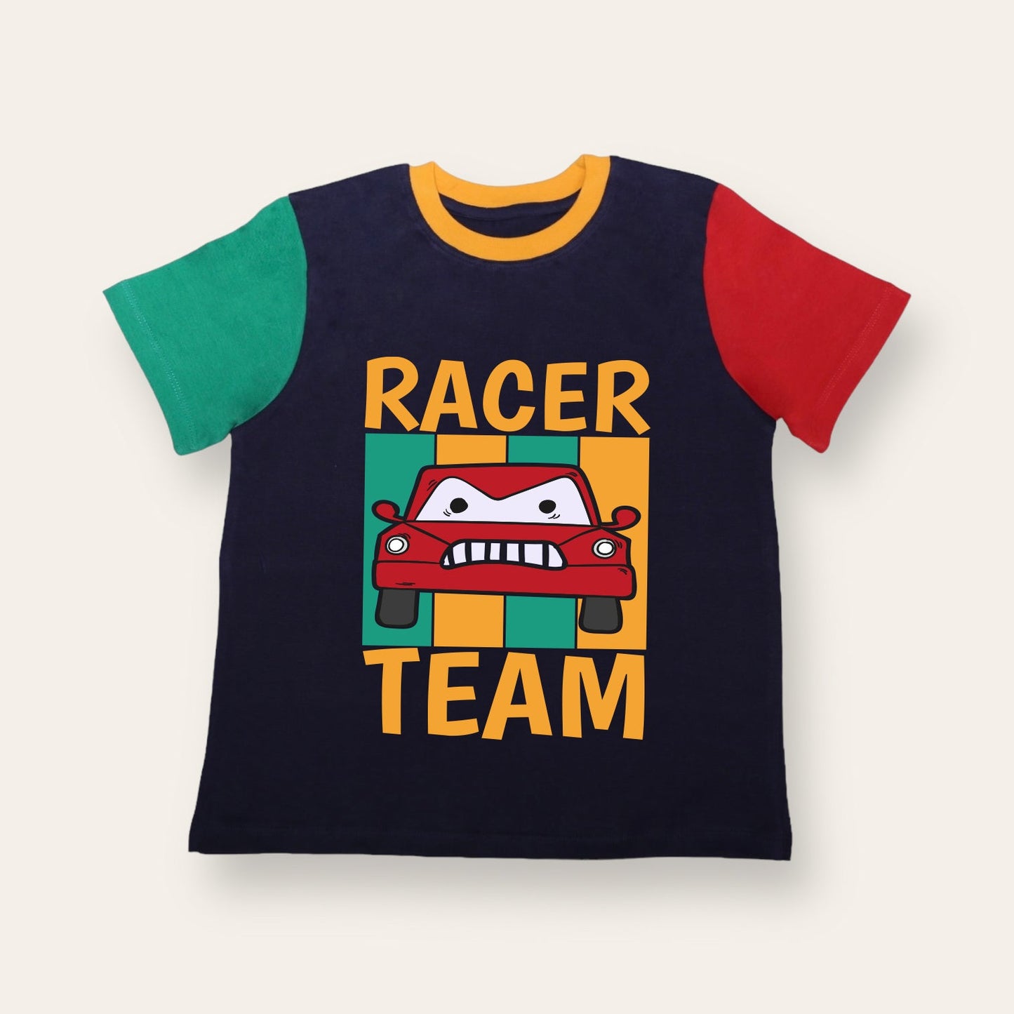 Unisex Blue, Red & Green Car Racer T Shirt for Kids