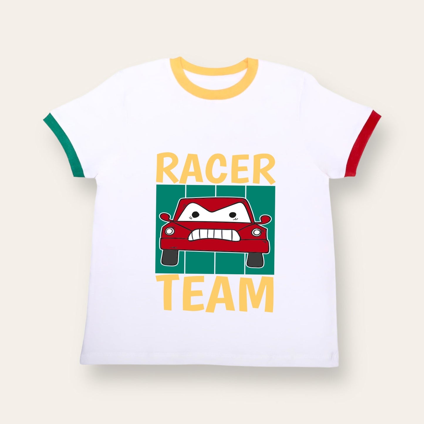 Unisex White with Colorful Ribs Car Racer T Shirt for Kids