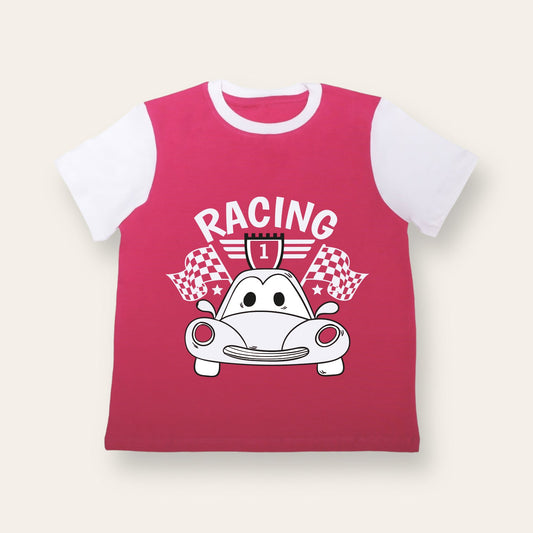 Unisex Pink & White Racing T Shirt for Kids