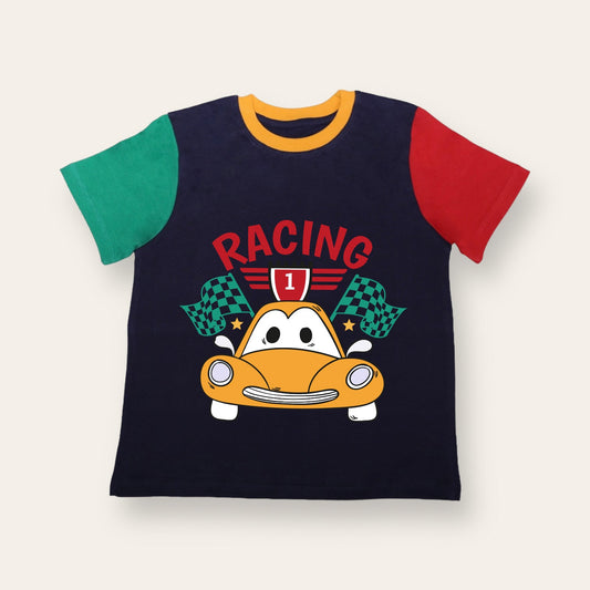 Unisex Blue, Red & Green Racing T Shirt for Kids