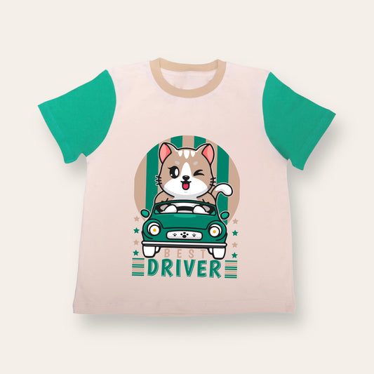 Unisex Cream & Green Best Driver T Shirt for Kids