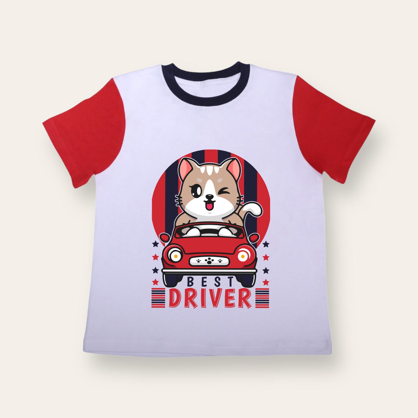 Unisex White/Red Sleeves Best Driver T Shirt for Kids