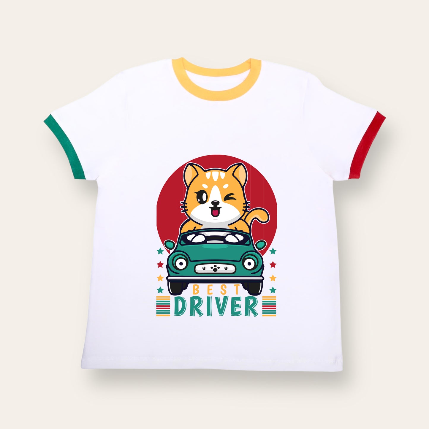 Unisex White with Colorful Ribs Best Driver T Shirt for Kids