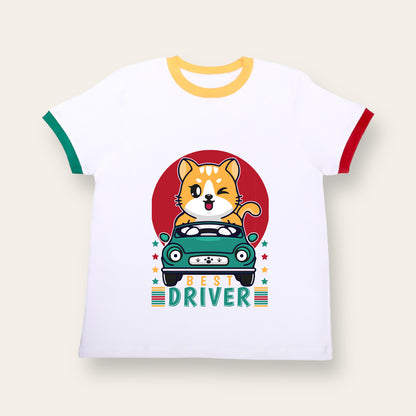 Unisex White with Colorful Ribs Best Driver T Shirt for Kids