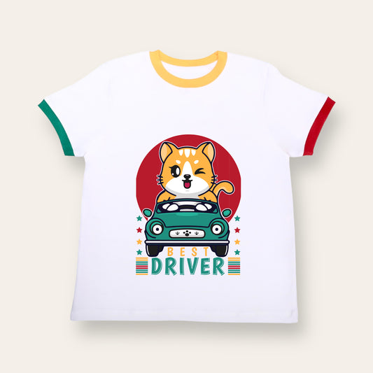 Unisex White with Colorful Ribs Best Driver T Shirt for Kids