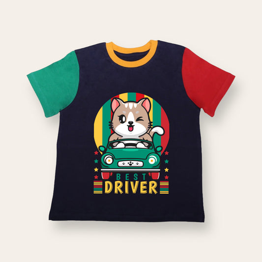 Unisex Blue, Red & Green Best Driver T Shirt for Kids