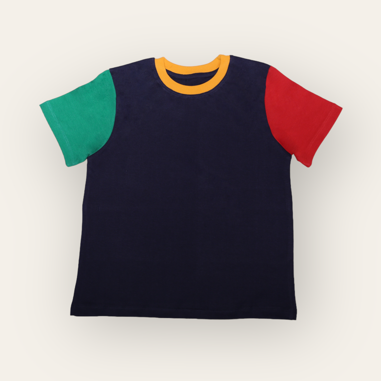 Unisex Plain Navy Blue, Red & Green Sleeves T Shirt for Kids