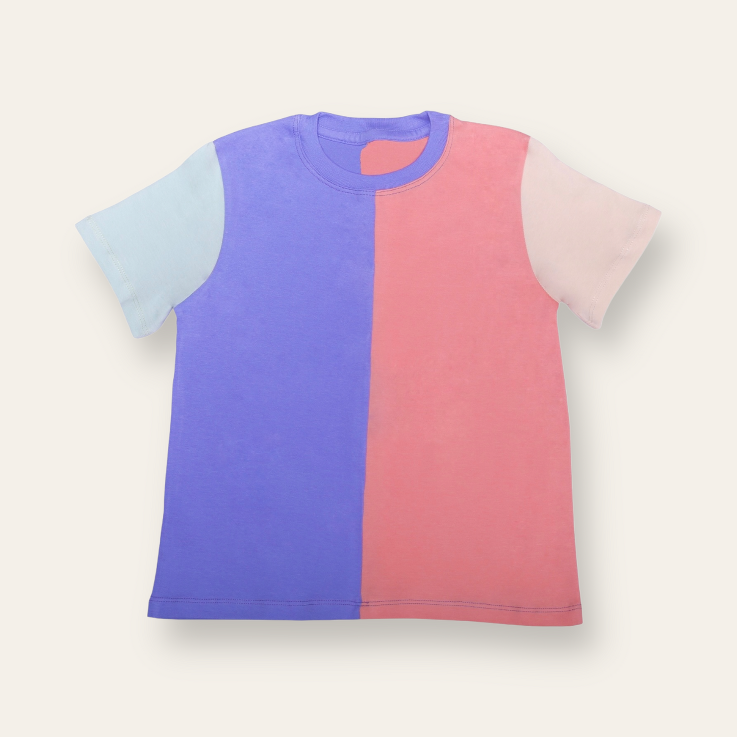 Unisex Colorblock T Shirt for Kids - Peach, Purple, Cream & Light Green