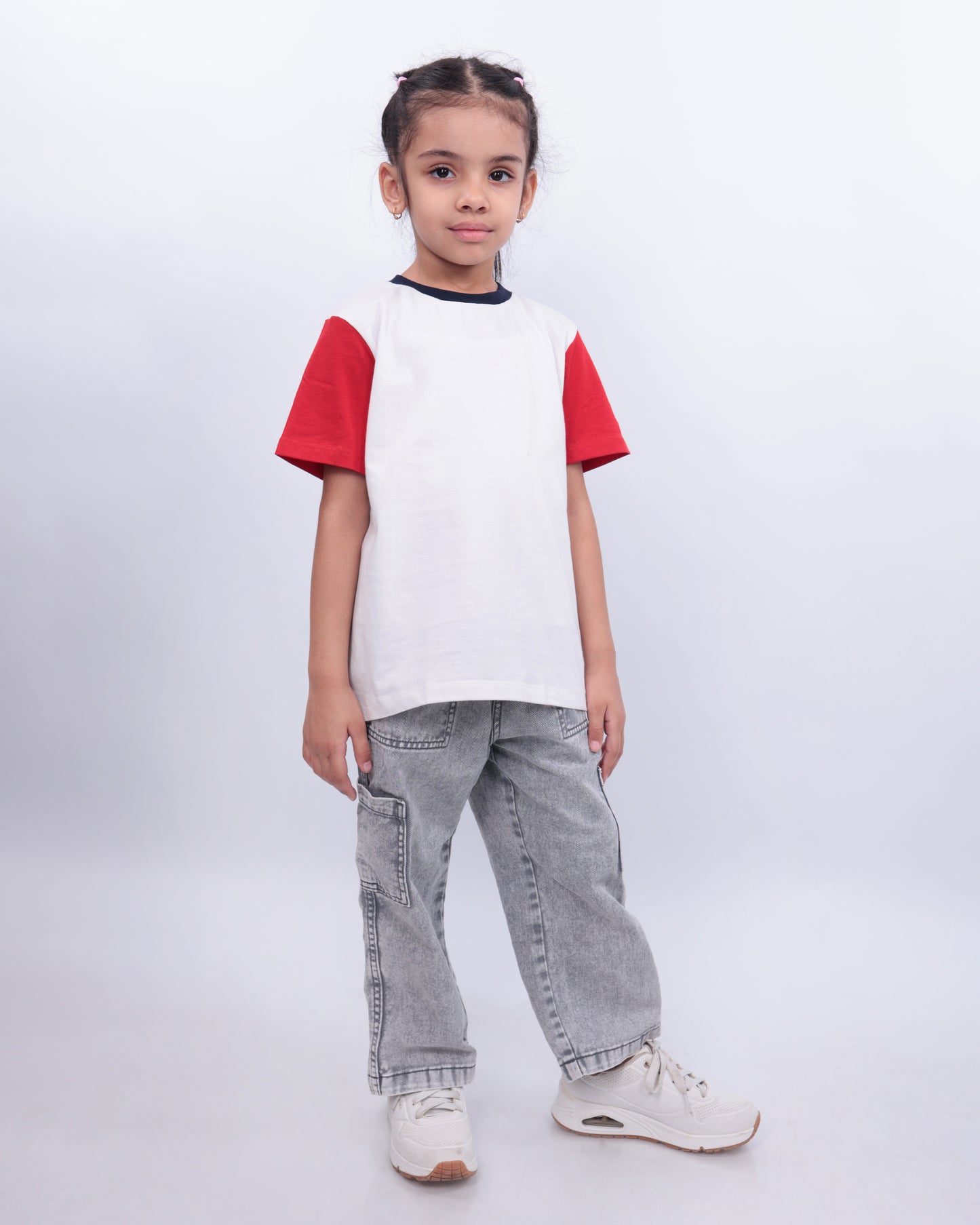 Unisex White & Red Sleeves Plain T Shirt for Kids