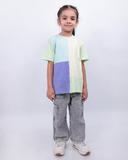 Unisex Colorblock T Shirt for Kids - Purple, Light Yellow/Blue/Green