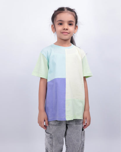 Unisex Colorblock T Shirt for Kids - Purple, Light Yellow/Blue/Green