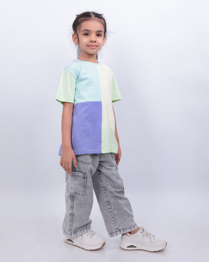 Unisex Colorblock T Shirt for Kids - Purple, Light Yellow/Blue/Green