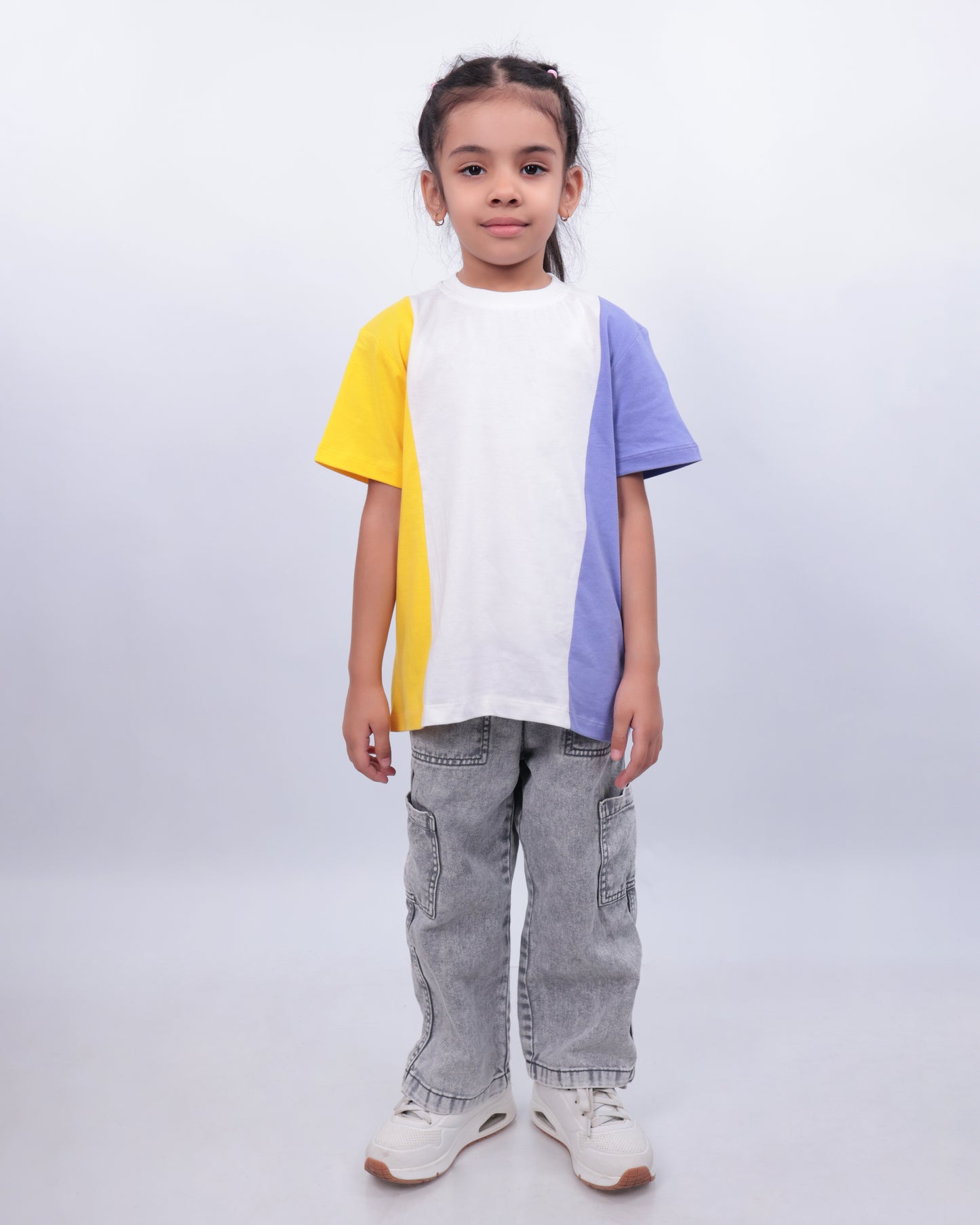 Unisex Colorblock T Shirt for Kids - Lavender, White & Yellow