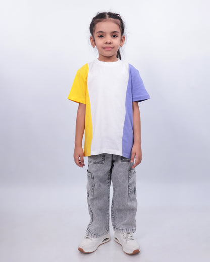 Unisex Colorblock T Shirt for Kids - Lavender, White & Yellow