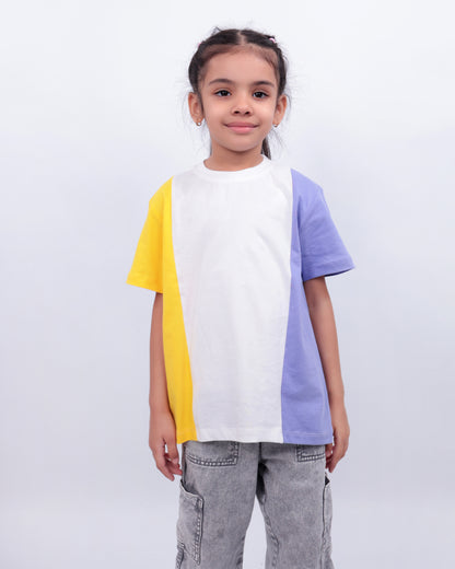 Unisex Colorblock T Shirt for Kids - Lavender, White & Yellow