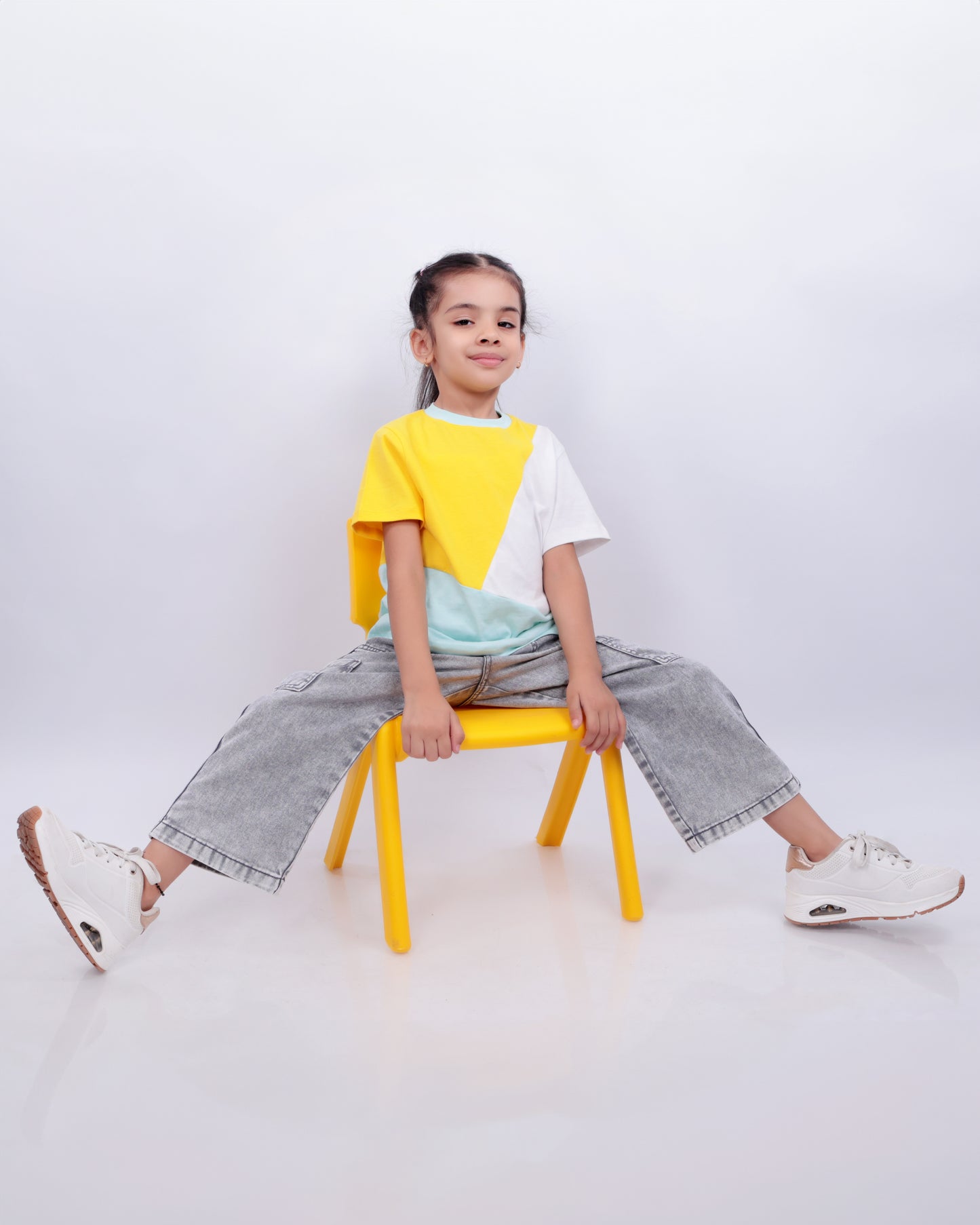 Unisex Colorblock T Shirt for Kids - Yellow, White & Light Blue