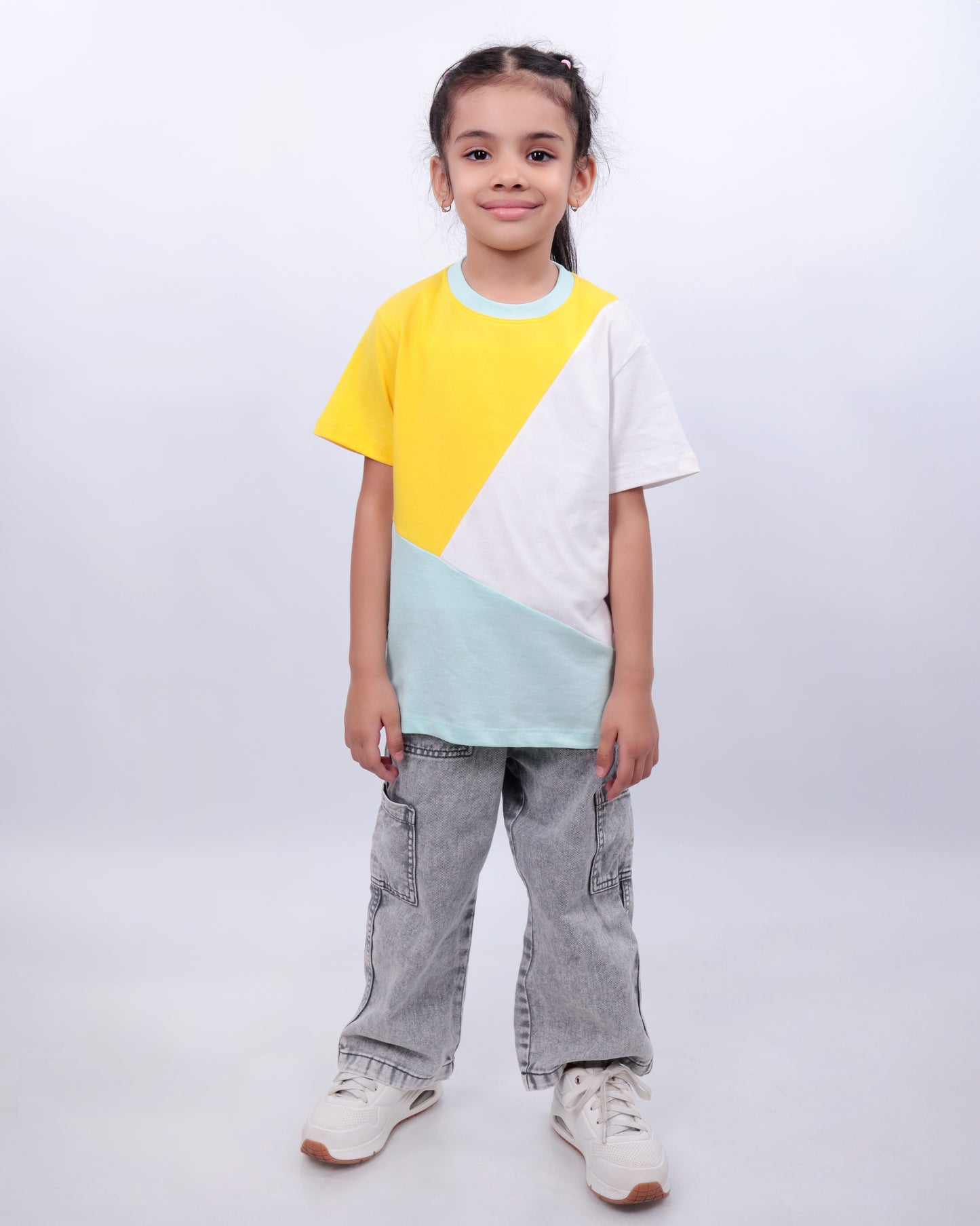 Unisex Colorblock T Shirt for Kids - Yellow, White & Light Blue