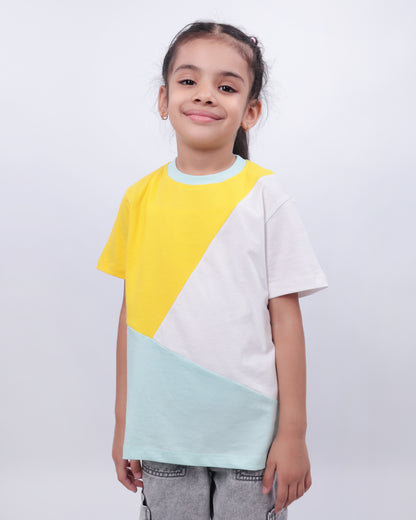 Unisex Colorblock T Shirt for Kids - Yellow, White & Light Blue