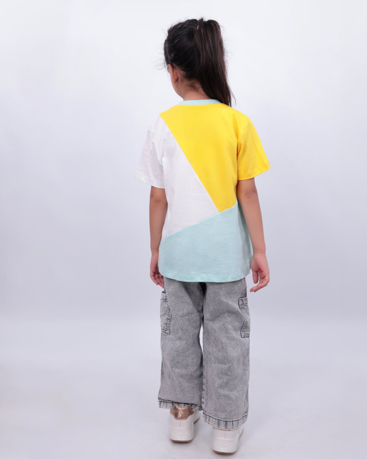 Unisex Colorblock T Shirt for Kids - Yellow, White & Light Blue