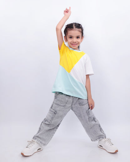 Unisex Colorblock T Shirt for Kids - Yellow, White & Light Blue