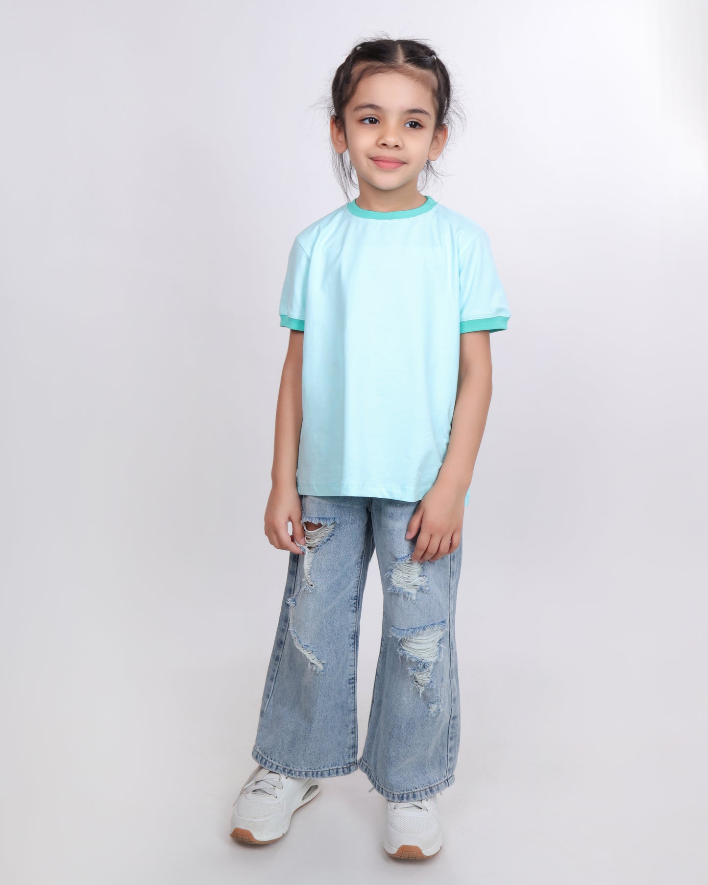 Unisex Plain Turquoise Ribbed T Shirt for Kids