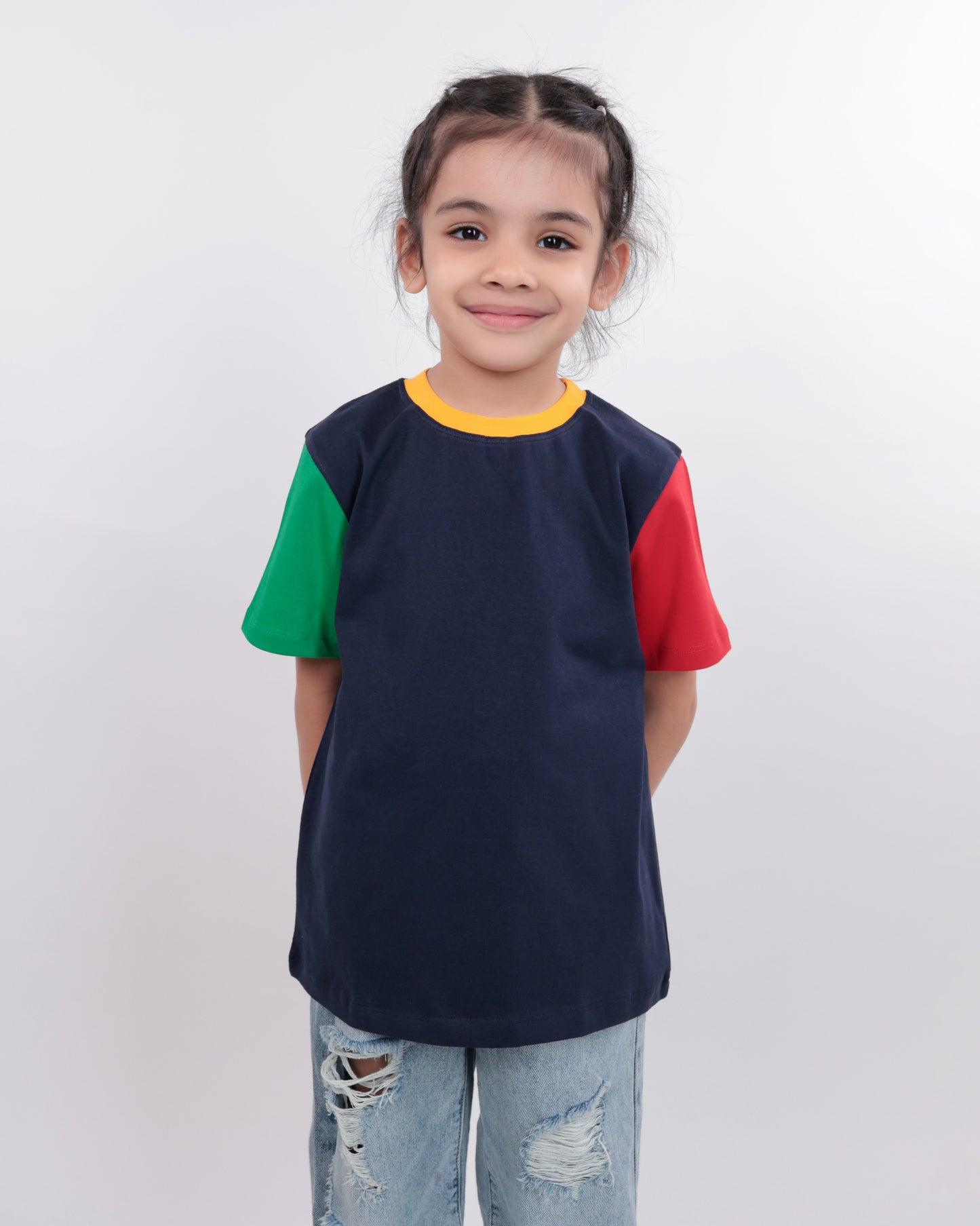 Unisex Plain Navy Blue, Red & Green Sleeves T Shirt for Kids