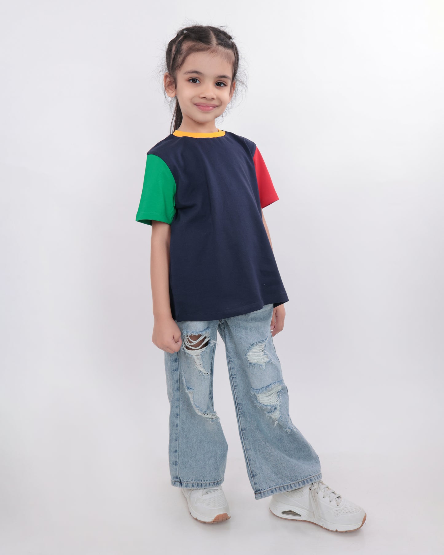 Unisex Plain Navy Blue, Red & Green Sleeves T Shirt for Kids