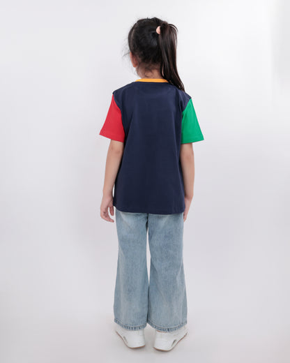 Unisex Plain Navy Blue, Red & Green Sleeves T Shirt for Kids