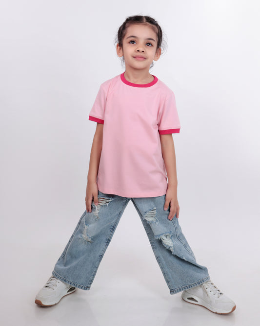 Unisex Plain Baby Pink Ribbed T Shirt for Kids