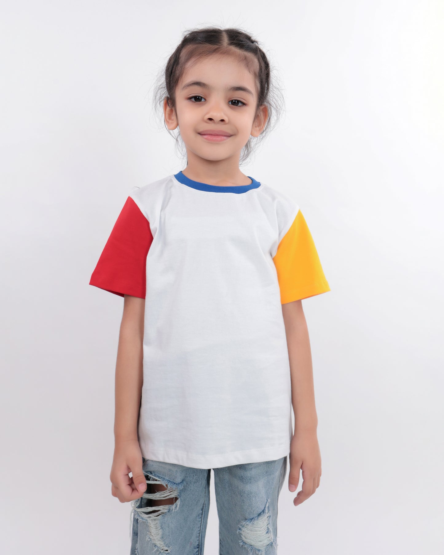 Unisex Plain White, Red & Yellow Sleeves Plain T Shirt for Kids