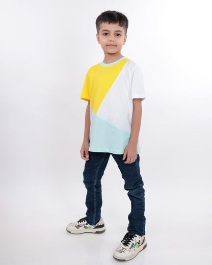 Unisex Colorblock T Shirt for Kids - Yellow, White & Light Blue