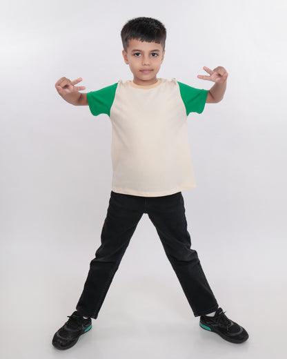 Unisex Plain Cream & Green T Shirt for Kids