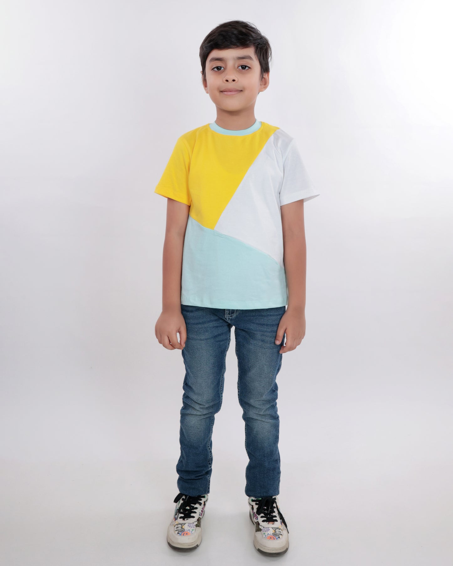 Unisex Colorblock T Shirt for Kids - Yellow, White & Light Blue