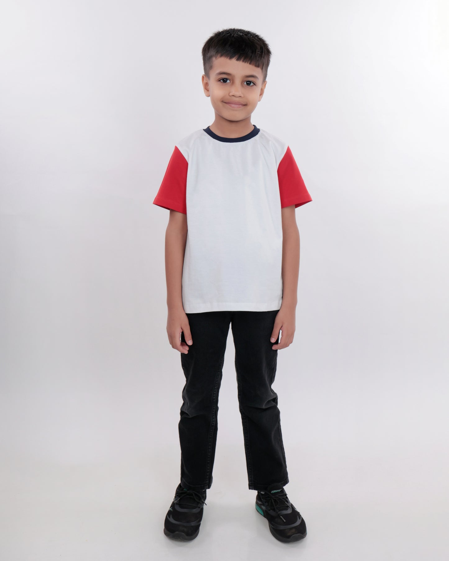 Unisex White & Red Sleeves Plain T Shirt for Kids