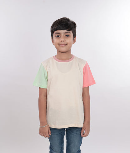 Unisex Plain Cream Light Green & Peach Sleeves T Shirt for Kids