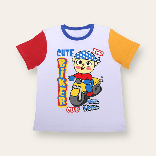 Unisex Red/Yellow Sleeves Bear Biker T Shirt for Kids