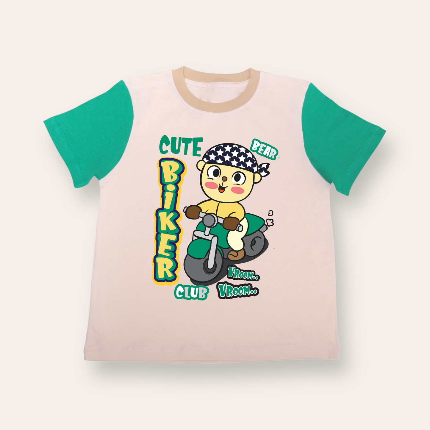 Unisex Cream & Green Sleeves Bear Biker T Shirt for Kids