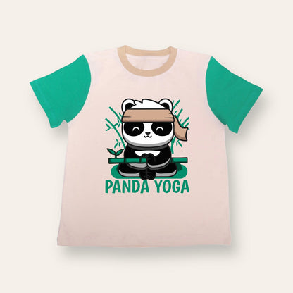 Unisex Cream & Green Panda Yoga T Shirt for Kids