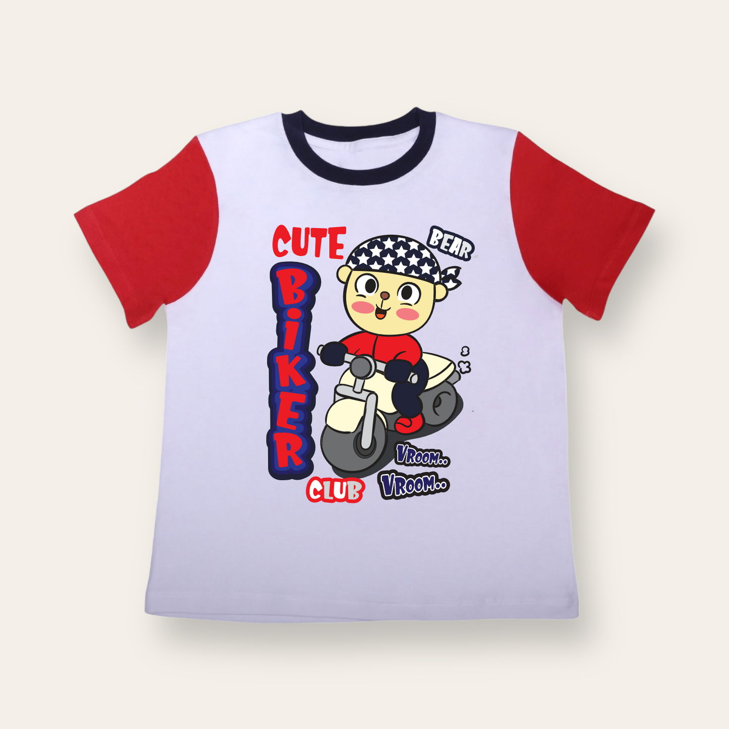 Unisex White/Red Sleeves Bear Biker T Shirt for Kids