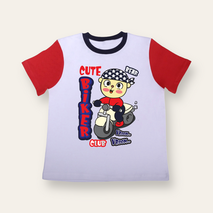 Unisex White/Red Sleeves Bear Biker T Shirt for Kids